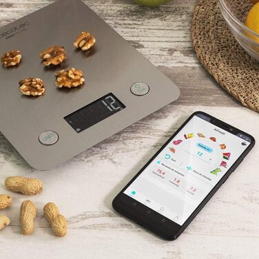 Кухонні ваги CookControl 10000 з підключенням до програми, з нержавіючої сталі, з вагою від 1 грама до 5 кілограмів, LCD-дисплей, ультратонкий дизайн, покриття проти відбитків пальців, керуюча програма до 5 кг