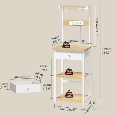 Полиця кухонна з розетками, стелаж для пекаря, підлоговий стелаж, 34 x 48 x 139 см, полиця для мікрохвильовки з ящиками, 4 гачки, для кухні, вітальні, їдальні, чорний/білий ABRHR48UE01