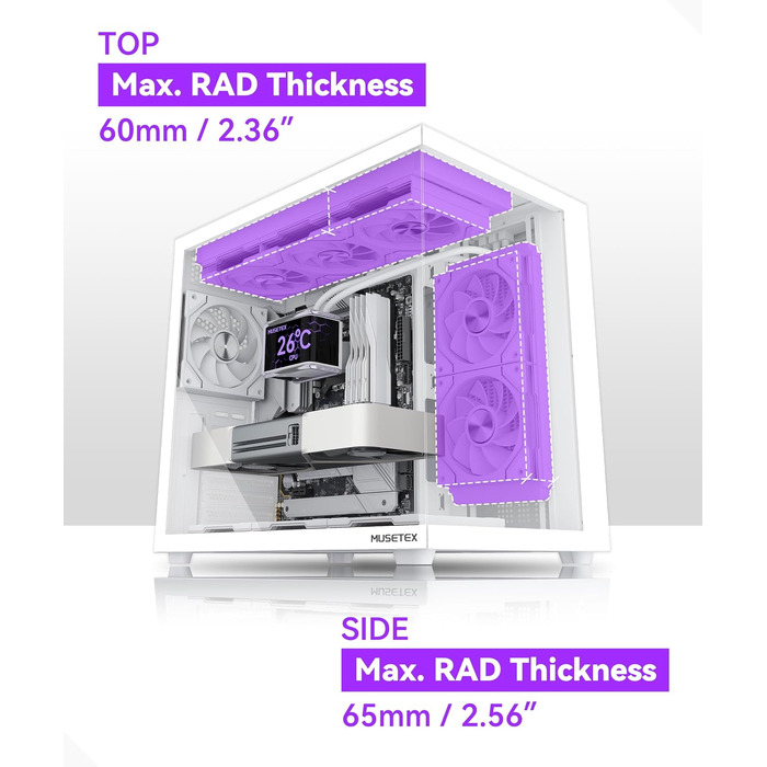 Ігровий корпус для ПК Musetex Y6 ATX Mid Tower, 7 ARGB PWM вентиляторів Infinity Mirror, панорамне загартоване скло 270°, USB Type-C, Білий