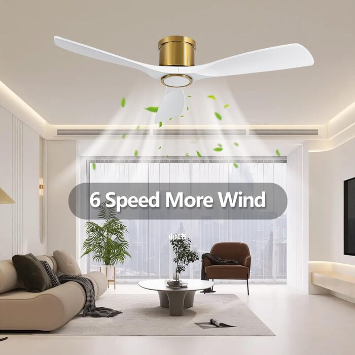 Сучасний стельовий вентилятор 132 см з підсвічуванням та пультом керування, тихий DC-двигун, сумісний з Alexa/Google Home, білий/золотий
