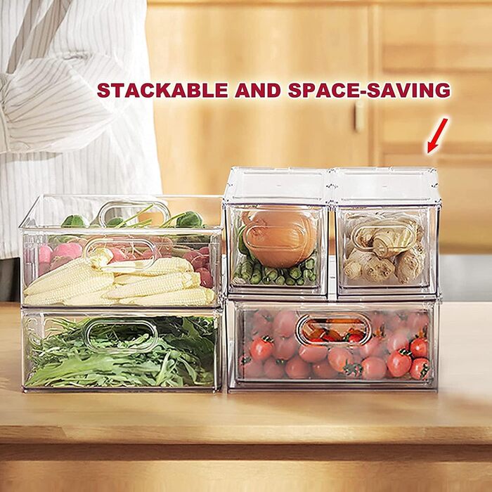 Refrigerator Organizer Drawer Set with Handle, 3-Piece Stackable Kitchen Storage Boxes with Pull-Out Drawer & Lid for Vegetables, Berries, Meat | PET Plastic Food Storage Containers (2 packs with drawer - 6L * 2)