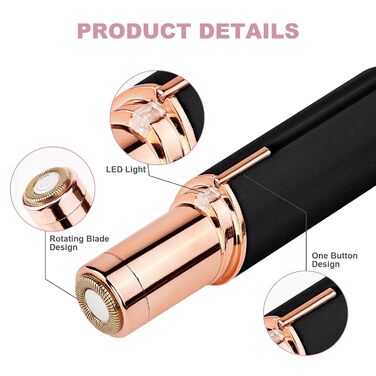 Електричний пристрій для видалення волосся з обличчя URAQT для жінок, USB, безболісний, тример для тіла та обличчя, LED-підсвічування, рожеве золото (чорний)