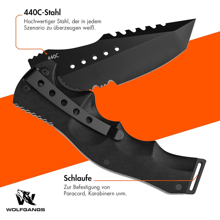 Wolfgang's UNDIQUE One-Handed Folding Knife made from fine 440C steel - One-Handed knife with leather holster - Outdoor knife with multi-functional blade - Strong survival - Hunting knife Bushcraft One-Handed Folding Knife FullBlack