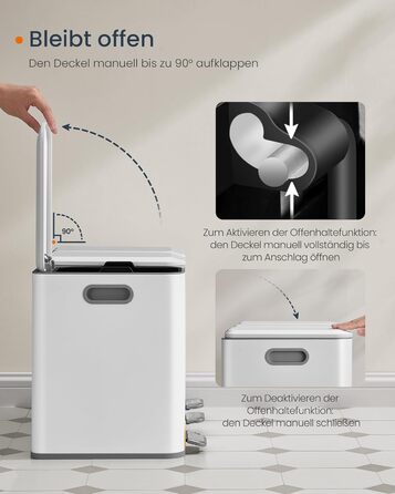 SONGMICS Відро для сміття кухонне, 3 відсіки по 15 л, з педалями, сортувальник сміття, з кришками та внутрішніми відрами, сталь, білий LTB740W02V1