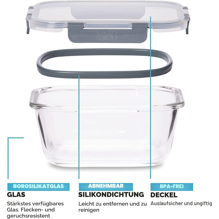 Контейнери для харчування Igluu, скляні, 3 шт. (400/650/950 мл) - BPA-free, мікрохвильова піч, духовка, морозилка, посудомийна машина, герметичні, жаростійке боросилікатне скло