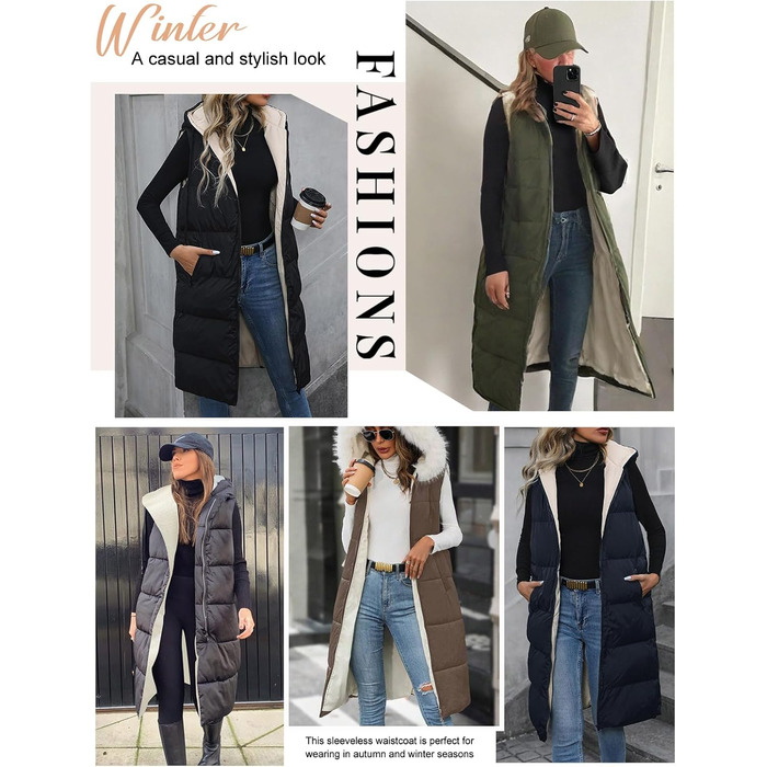 Жіноча довга жилетка Vancavoo з капюшоном на осінь/зиму: степкова, без рукавів, з флісовою підкладкою, тепла, чорна, розмір L