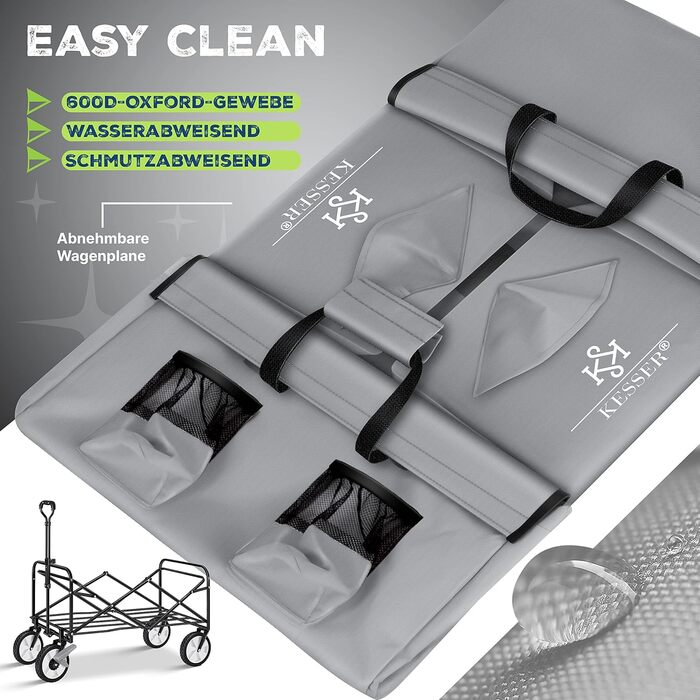 KESSER® Folding Bollerwagen (Hand Cart, Transport Cart) - Max. 150kg Load Capacity & 360° PVC Tires - Utility Wagon including 2 Mesh Bags, Side Pocket & Cover - Transport Cart, Garden Trailer without Roof, Blue (Grey / Black)