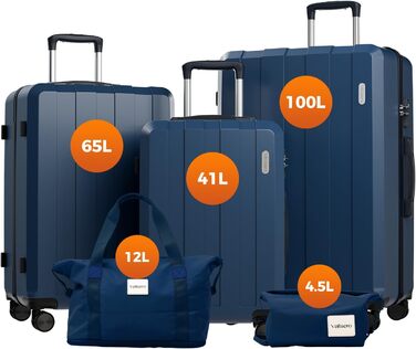 Набір валіз, багажний набір, ролери, валіза на коліщатках 5шт, ABS пластик, TSA замок, містить 1 велику сумку та 1 косметичку, 4 колеса, телескопічна ручка з алюмінію (рожеве золото), темно-синій