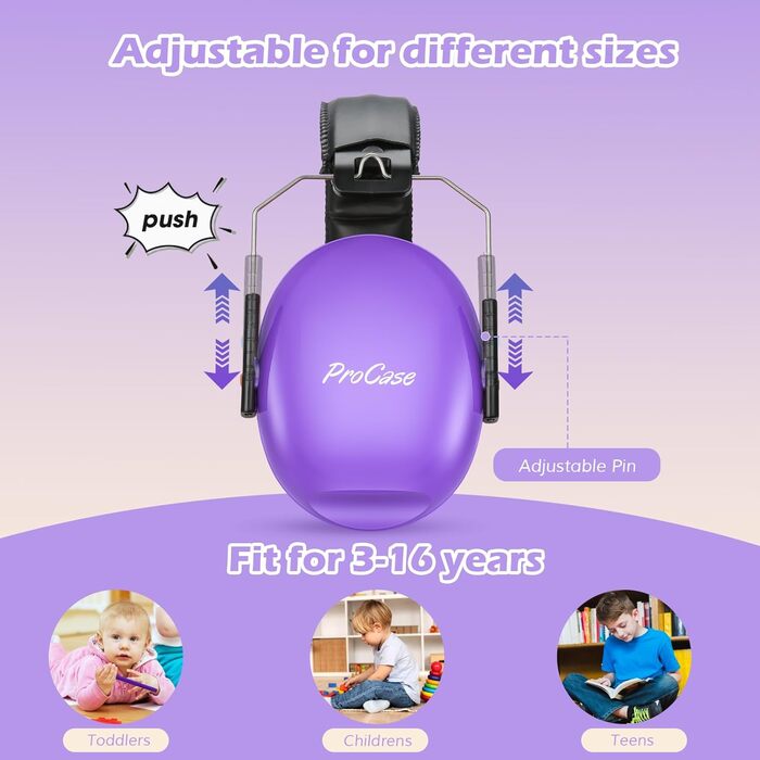 Навушники для дітей ProCase, захист від шуму NRR 2dB, 3-2 роки, для сну, подорожей, карнавалів, аутизму, шумозаглушення (Легкий фіолетовий)