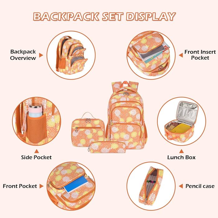 Шкільний рюкзак для дівчинки-підлітка ZHIERNA: набір з ланч-боксом та пеналом (Помаранчевий)