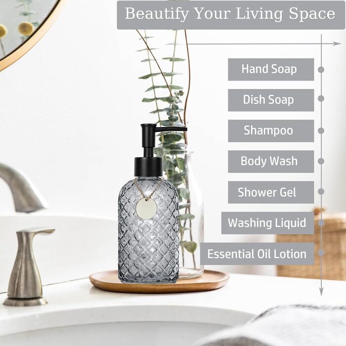 Скляний диспенсер для мила 500 мл з хвильовим дизайном для ванної кімнати та кухні, з чорним насосом, дерев'яними етикетками та воронкою (Charcoal, сірий)