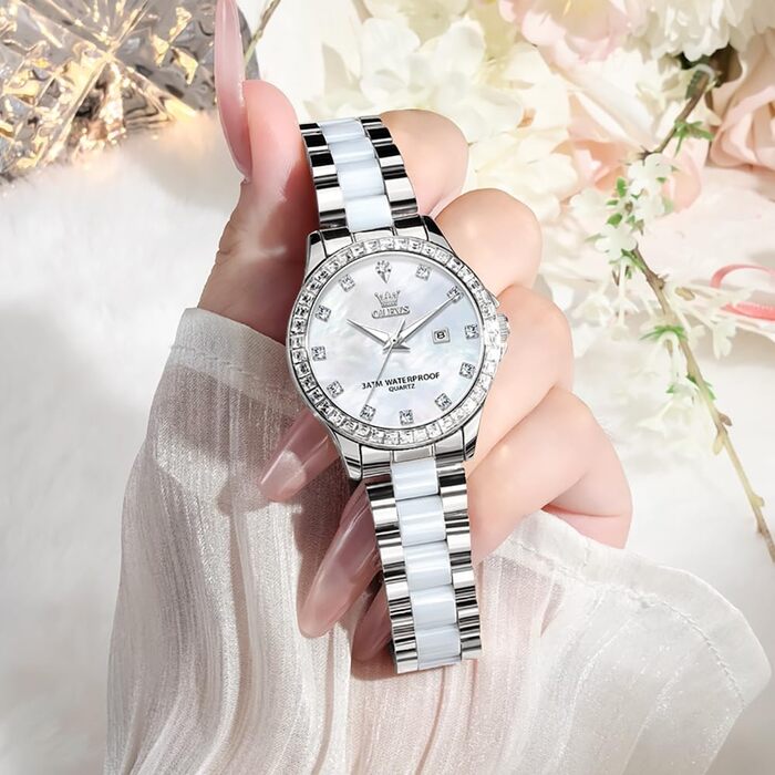 Годинник жіночий OLEVS з діамантами, елегантний, дорогий, на браслеті з рожевого золота, з керамічним склом (3651 Silver)