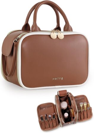 Косметичка-органайзер велика містка з водонепроникним покриттям та ручкою, з декількома відділеннями (колір: кавовий)