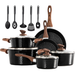Набір посуду DishDelight 15 предметів: каструлі та сковороди з антипригарним покриттям, індукційні, з граніту, чорного кольору