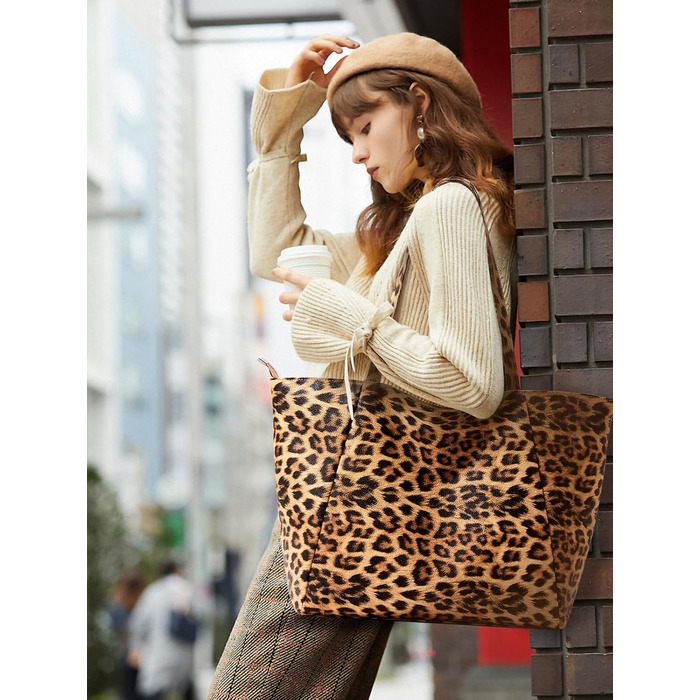 Сумка жіноча KALIDI шопер велика зі шкірозамінника (PU) з блискавкою для роботи, покупок, школи - Леопард