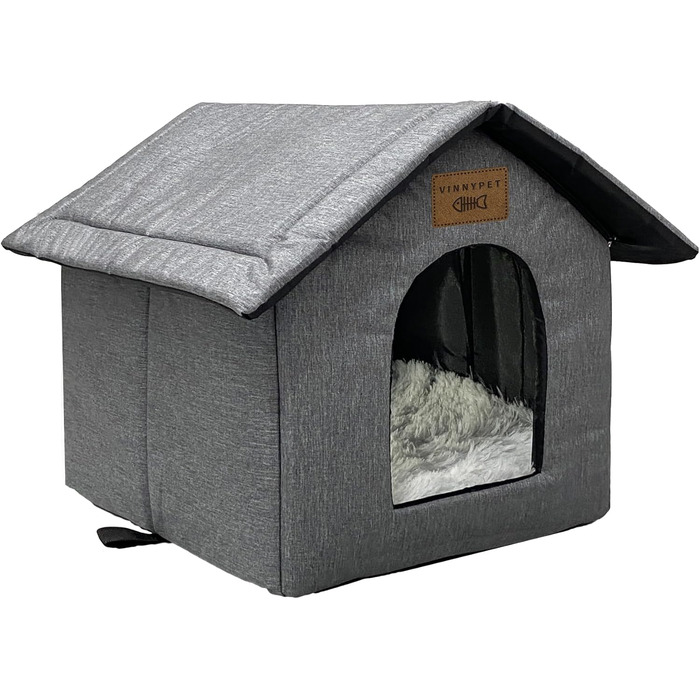 Vinnypet Outdoor Cat House - Winterproof, Waterproof, Warm Pet Shelter with Plush Cushion - Dog House, Stray Animal Shelter - 40x35x40cm Grey