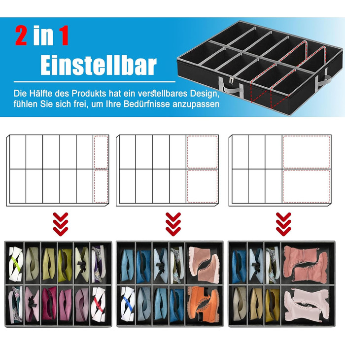 2 Under-Bed Shoe Organizers (24 Pairs), Foldable Under-Bed Storage Box Shoe Organizer, Adjustable Velcro Closure Shoe Storage Under Bed with Bottom Support & 3 Sturdy Handles
