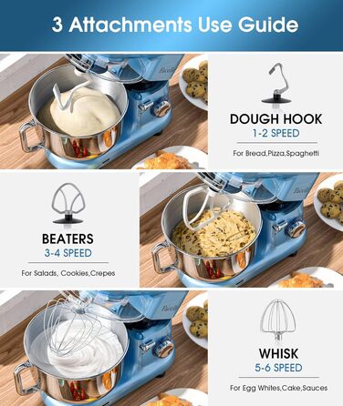 Кухонна машина Facelle 1500W з нержавіючою чашею 6.2L, 6 швидкостей, комплект насадок (міксер, гак для тіста, вінчик, сплеск-захист), блакитна
