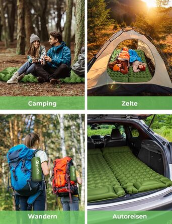 Glymnis Isomatte Camping Air Mattress - 9cm Thick with Foot Pump & Pillow - Ultralight Outdoor Sleeping Pad for Camping, Hiking & Travel - Army Green