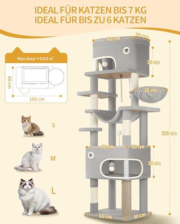 Когтеточка для котів Hzuaneri XXL (203 см) з великою платформою, 2 печери, 7 стовпчиків, помпонами, лежаками та гамаком. Підходить для всіх порід котів. MS20318YL (Світло-сірий)