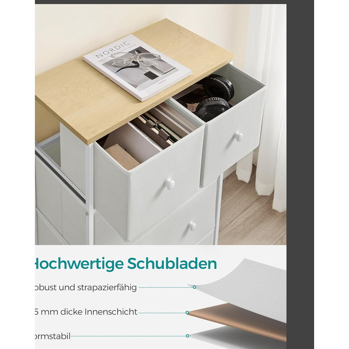 SONGMICS Chest of Drawers, Storage Cabinet, 5 Fabric Drawers, for Entryway, Living Room, White-Oak Finish LTS514W57