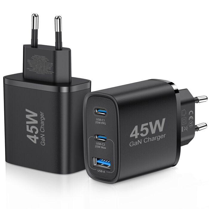 Подвійний зарядний пристрій USB-C 45W GAN для iPhone/Samsung Galaxy, 3 порти, швидка зарядка PPS (чорний)