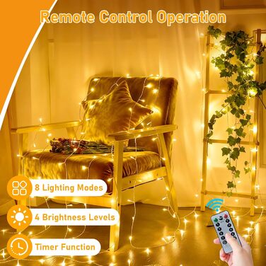 Ланцюжок прикрас світлодіодний, 30м, 300 LED, святкова гірлянда з таймером, 8 режимів, тепле біле світло, для декору кімнат, вечірок, балконів, ялинок, вологостійка