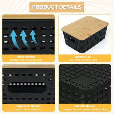 UHAPEER Storage Box with Bamboo Lid, 6 Pack Storage Basket, Plastic Basket Storage, Kitchen Organizer White, Stackable Storage Boxes, Box with Lid 25.6 x 18 x 10.7 cm (Black)