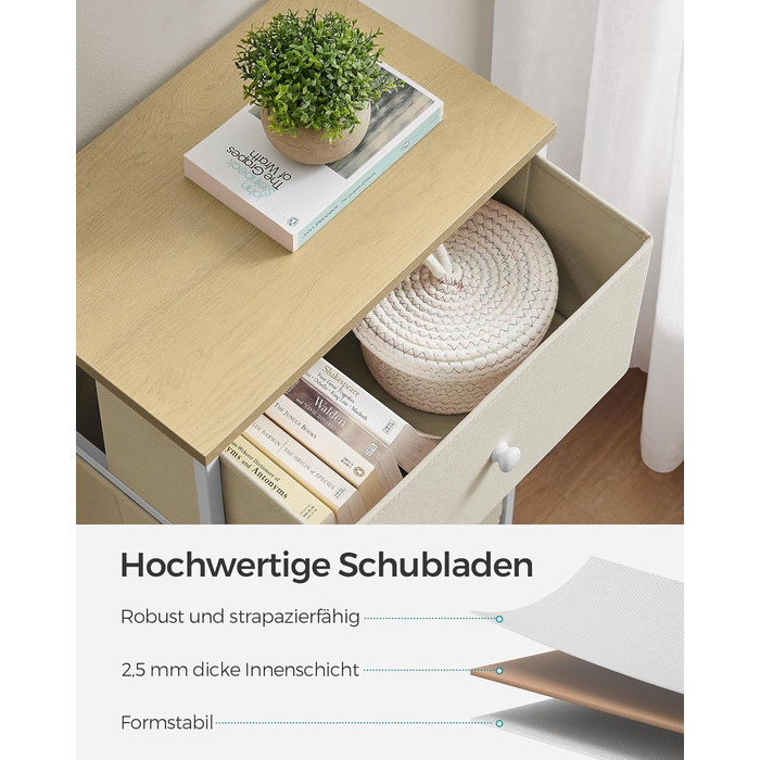 SONGMICS Chest of Drawers, Storage Cabinet with 4 Fabric Drawers, Metal Frame, Tall and Narrow, White-Oak Finish LTS314W57 (Camel Yellow + Cream White, 30W x 45D x 91.7H cm (4 Drawers))