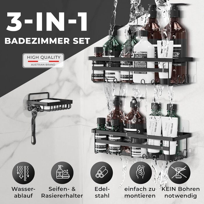 Настінна поличка для душу без свердління - тримач для шампуню та аксесуарів | Нержавіюча сталь | Набір з 3 поличок | Чорний колір