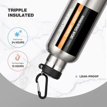 FEIJIAN FJbottle 316 Stainless Steel Vacuum Insulated Water Bottle 750ml/1000ml with Carabiner, BPA-Free Bottles, Leak-Proof Sports Bottle for Sports, Work, and Travel (750 ml)