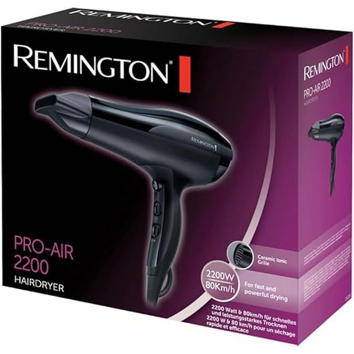 Фен Remington Pro-Air D5210: іонний, 2200 Вт, кераміка, 3 режими нагріву, 2 швидкості, стилінг, чорний