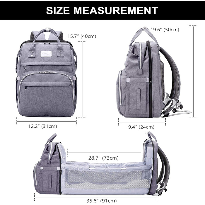 SNDMOR Diaper Bag Backpack, Convertible Diaper Backpack with Changing Pad Function, Large, Multifunctional Diaper Bag with Changing Mat, Stroller Hooks, Suitable for Mom and Dad