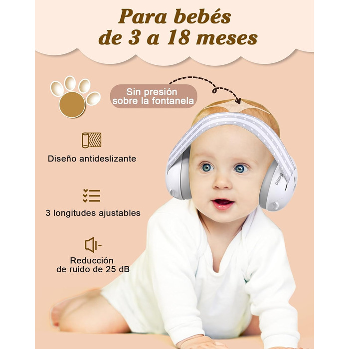 Дитячі шумопоглинаючі навушники Lilian&Gema 2 в 1 для новонароджених та дітей до 48 місяців, захист слуху -25 дБ, регульований обруч, білі