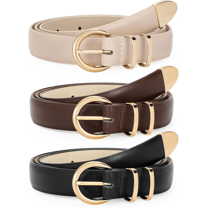 LEACOOLKEY 3 шт. жіночі тонкі шкіряні ремені для джинсів, суконь, вінтажні ремені з золотистою та сріблястою пряжкою (100 см), розмір талії 66-76 см, колір: чорний, кавовий, бежевий (глянцеве золото)
