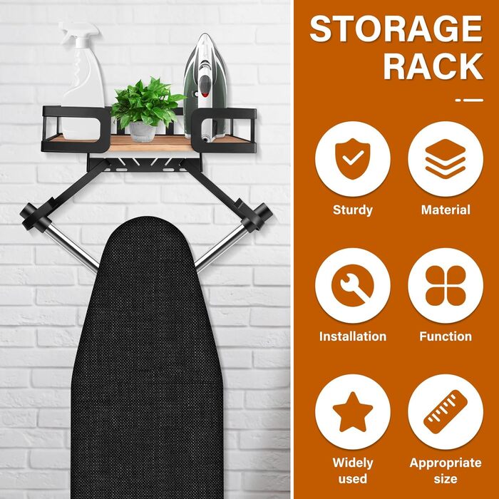 Настінна вішалка для праски та гладильної дошки з металевою конструкцією та кошиком для зберігання (чорна)