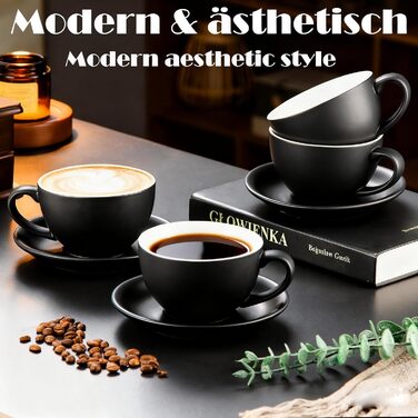 Набір кавових чашок Yundu Cappuccino 4 шт. по 300 мл – керамічні чашки з блюдцями, матова колірна гама, для латте-арту та бариста, великі мока чашки та блюдця (матова чорна)