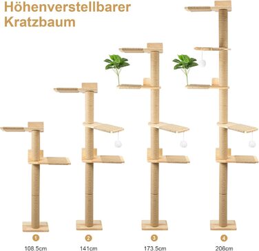 Кігтеточка-стійка для котів 206 см з натурального каучукового дерева, 5 ярусів, настінна, з широкою основою, плюшевими кульками, 360° обертання, XXL кігтеточка для котів для лазіння та дряпання