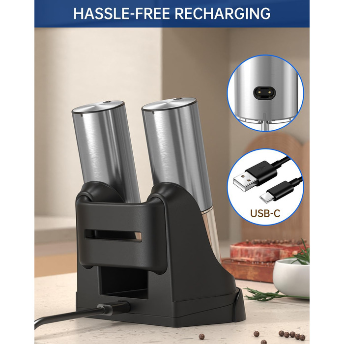 Електричні соляні та перечні млини CIRCLE JOY з нержавіючої сталі з підставкою, 95 мл, біле LED-підсвічування, регульована ступінь помелу, срібні