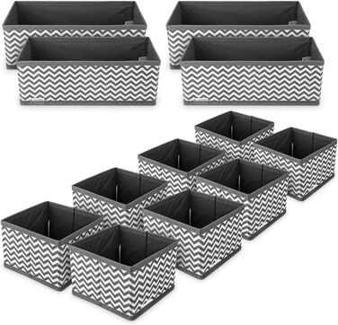 Navaris Storage Boxes Organizer Organization System Fabric Boxes - 12 Pieces in Various Sizes - for Wardrobe and Drawers - Foldable (Gray - White)