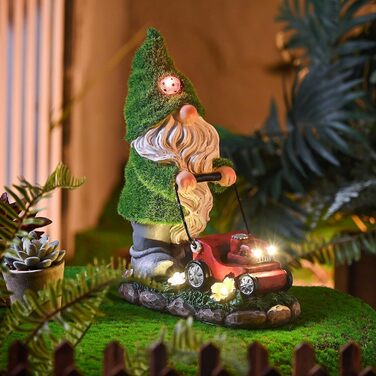 TERESA'S COLLECTIONS Outdoor Garden Decor with Solar Lighting 22cm Waterproof Garden Gnome Figurines with a Lawnmower Made of Artificial Resin Garden Gnomes for Outdoor Yard Lawn Balcony