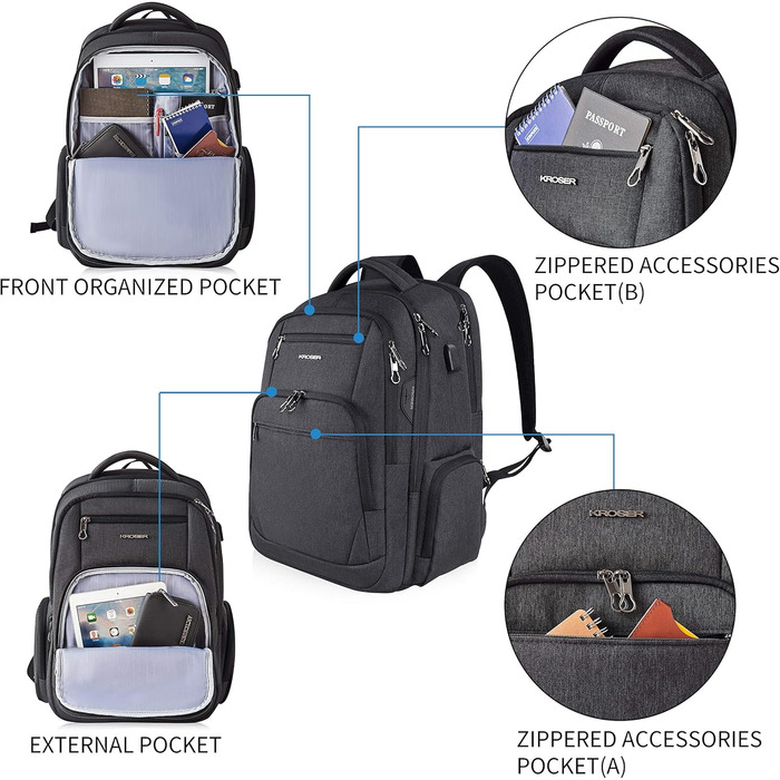 Рюкзак для ноутбука KROSER 17.3'' - бізнес, шкільний, для подорожей. З USB та RFID-кишенями (чорний)