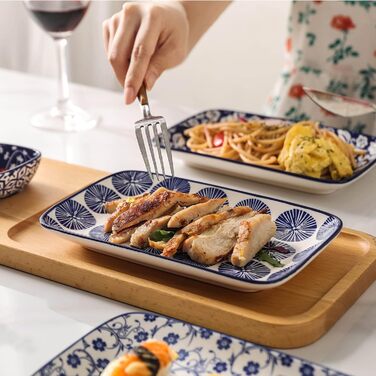 Сервірувальна тарілка Selamica 21 см, прямокутна, набір з 6 шт. для 6 осіб, десертна, для салатів, суші, фруктів, вінтажний синій колір