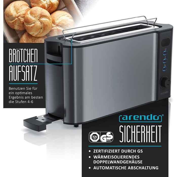 Arendo 2-Slice Toaster with Roll Holder - Long Slot Toaster - LCD Display with Remaining Time Display, Defrost Function, Bread Centering, Crumb Tray - Material Stainless Steel, Cool Grey A: Cool Grey