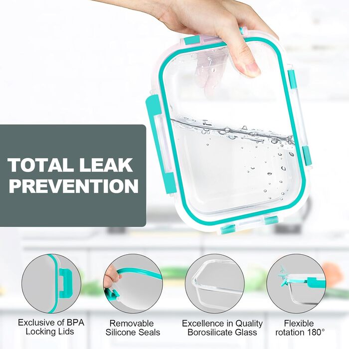 Набір скляних контейнерів Verones (10 шт), зелені, з герметичними кришками, для зберігання їжі, морозильник, посудомийна машина