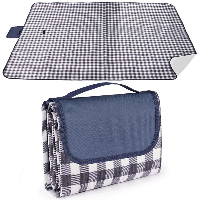 Плед для пікніка LIVEHITOP водонепроникний XXL (150x200 см) синій в клітку - для пляжу, кемпінгу, парку, BBQ