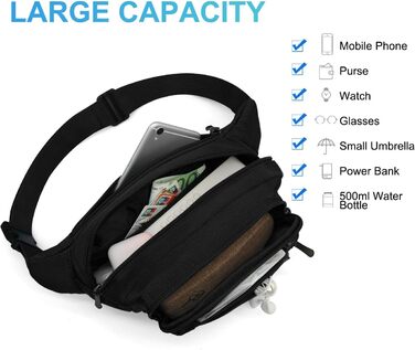 Чоловіча/жіноча поясна сумка-бананка з дощовиком, велика, з нейлону, 5 відділень на блискавці, для туризму, спорту, прогулянок з собакою (Чорна)