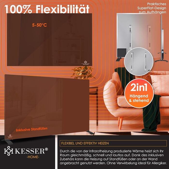 Інфрачервовий обігрівач KESSER® з функцією 2 в 1: підлоговий та настінний. Економний електрообігрівач з термостатом, датчиком відчинених вікон, пультом та керуванням через додаток (500W, чорний)