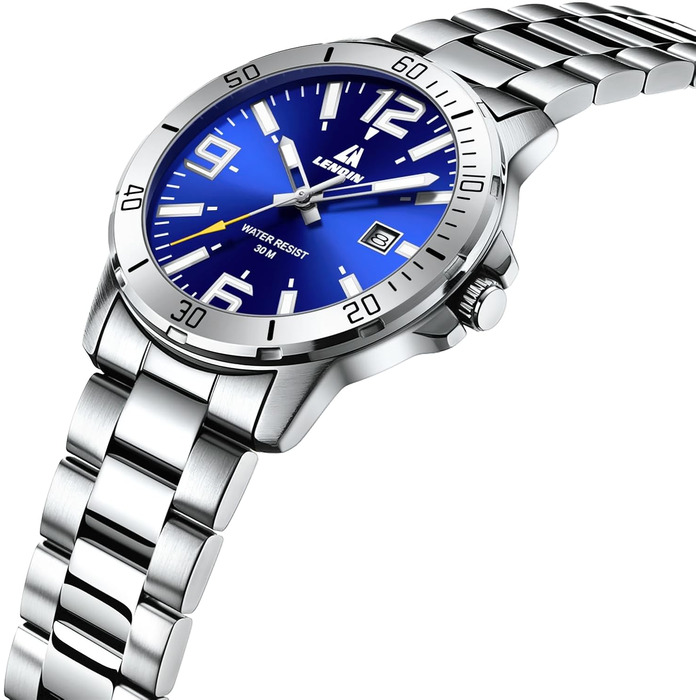 Годинник чоловічий LENQIN з нержавіючої сталі, водонепроникний, з датою, аналоговий кварцовий годинник, бізнес-стиль, срібний колір, синій циферблат