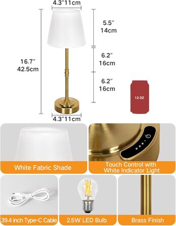 OUTON Настільна лампа 2 шт. Бездротова, диммер, 3 кольори світла, 4000mAh, USB-C, 60 годин роботи, акумуляторна, золота для спальні, вітальні, їдальні